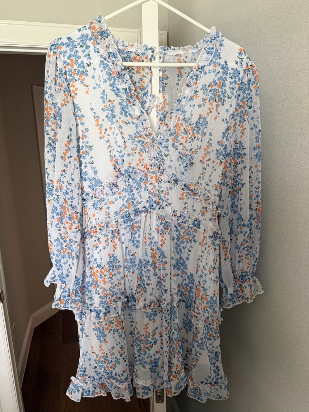 Light Blue & Orange Floral Long Sleeve Tiered Dress